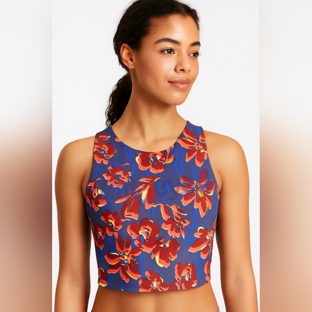NWT ATHLETA Conscious Crop Printed Top Bra Bralette Size Medium Blue Floral Wome